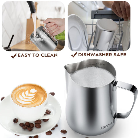 Adorever pitcher in use steaming milk on espresso machine for consistent microfoam