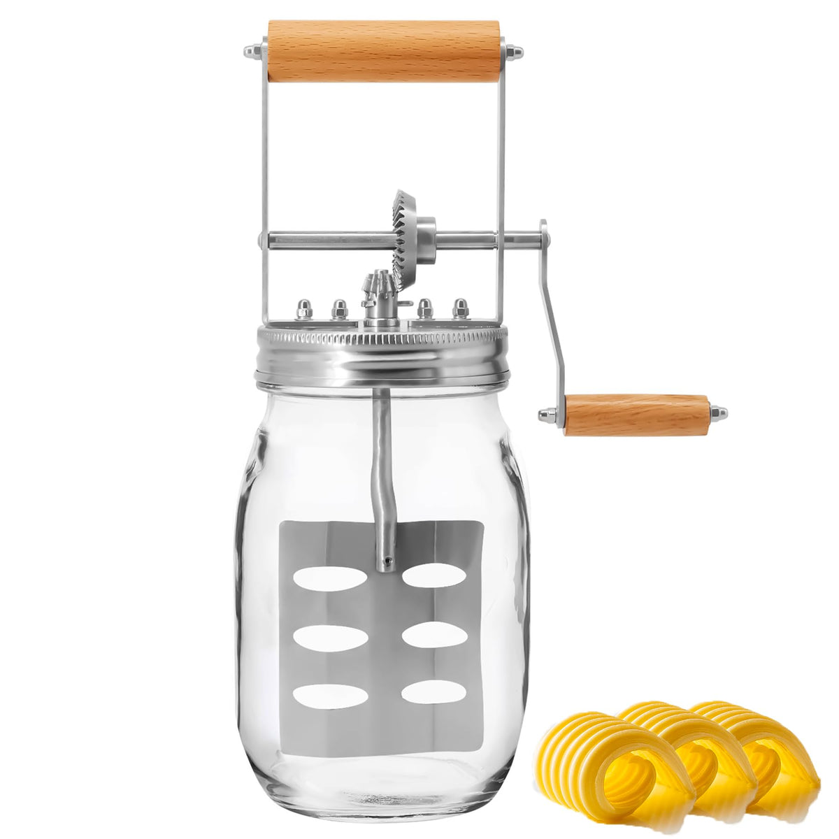 aeaker front packaging glass churn shows compact jar and durable build benefit