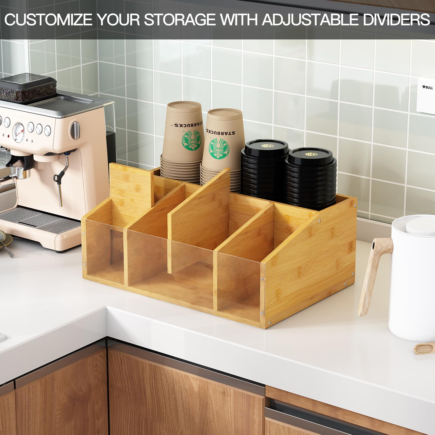 AEEHFENG removable dividers adjusted to hold pods and stirrers for flexible storage