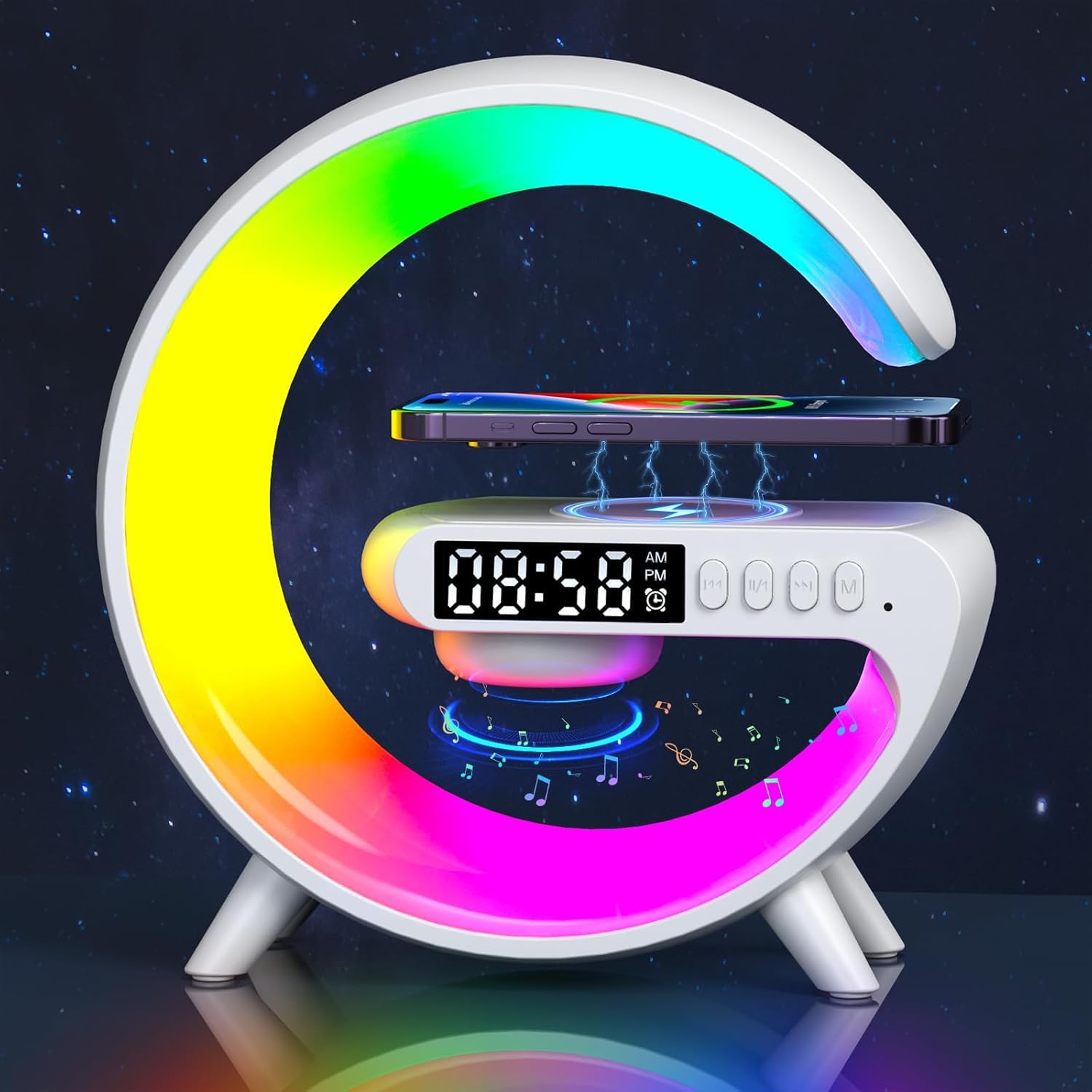 Aeehuck front view showing lamp, speaker and alarm functions, enhancing bedside organization