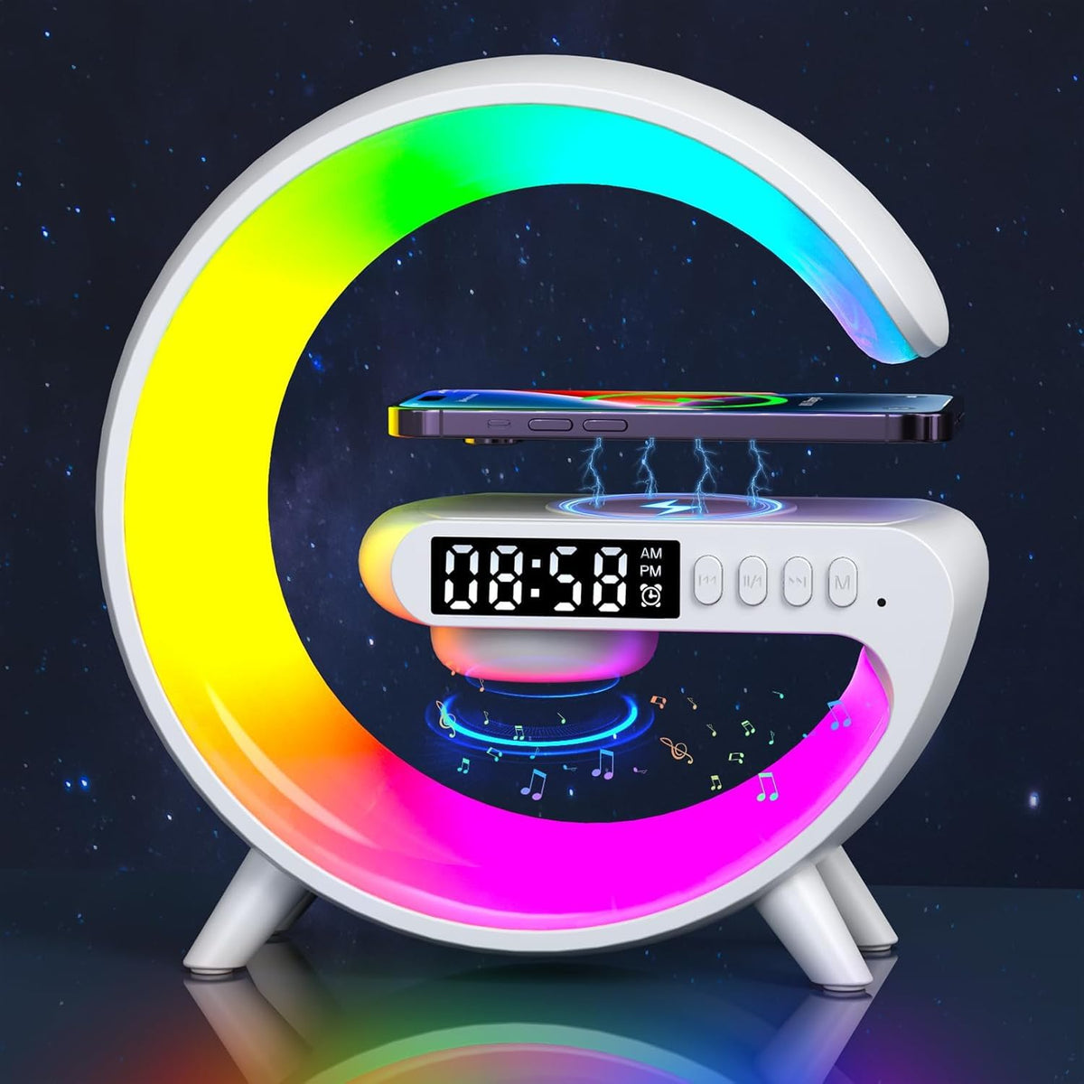 Aeehuck front view showing lamp, speaker and alarm functions, enhancing bedside organization