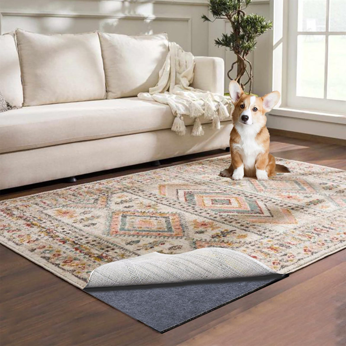 AEHISDHIE front view of packaged 9x12 rug pad showing dimensions and branding benefit