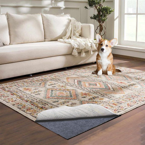 AEHISDHIE front view of packaged 9x12 rug pad showing dimensions and branding benefit