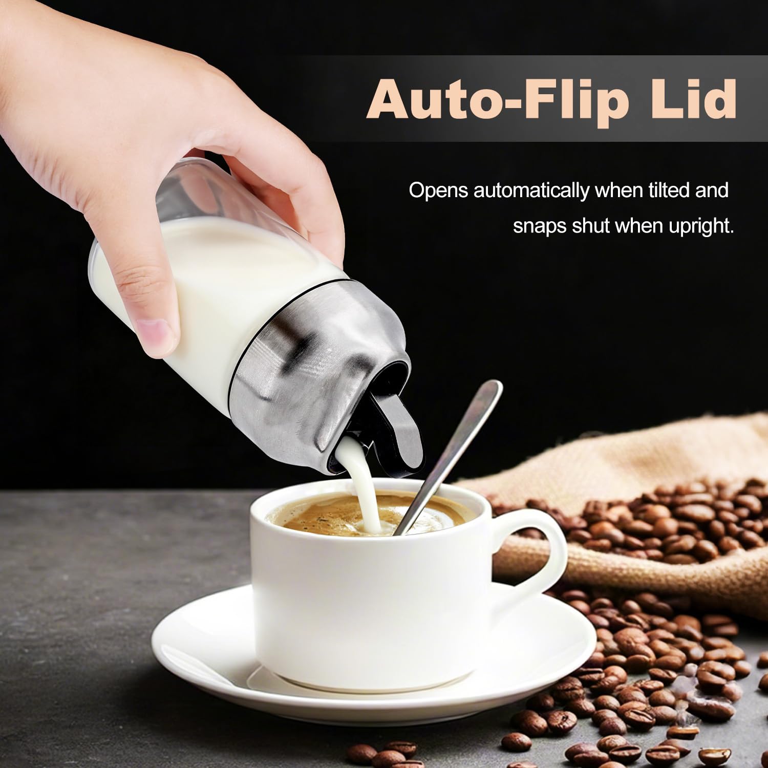 Aelga closeup stainless-steel lid illustrating flip-top action for easy pouring