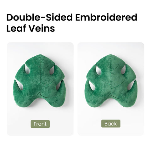 AELS Monstera pillows stacked to show both 18" and 14" sizes clearly