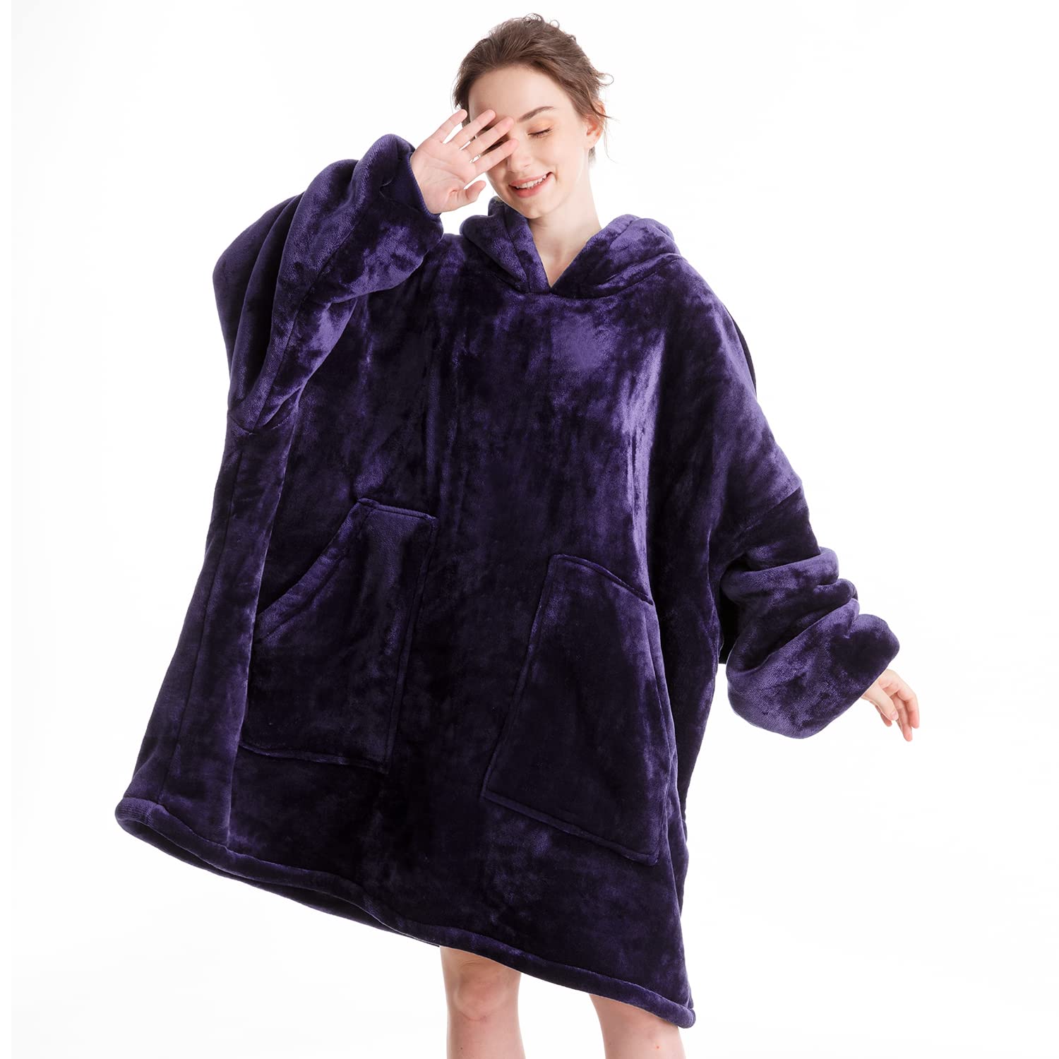 Aemicion front view of oversized wearable blanket hoodie showing full coverage and cozy fit