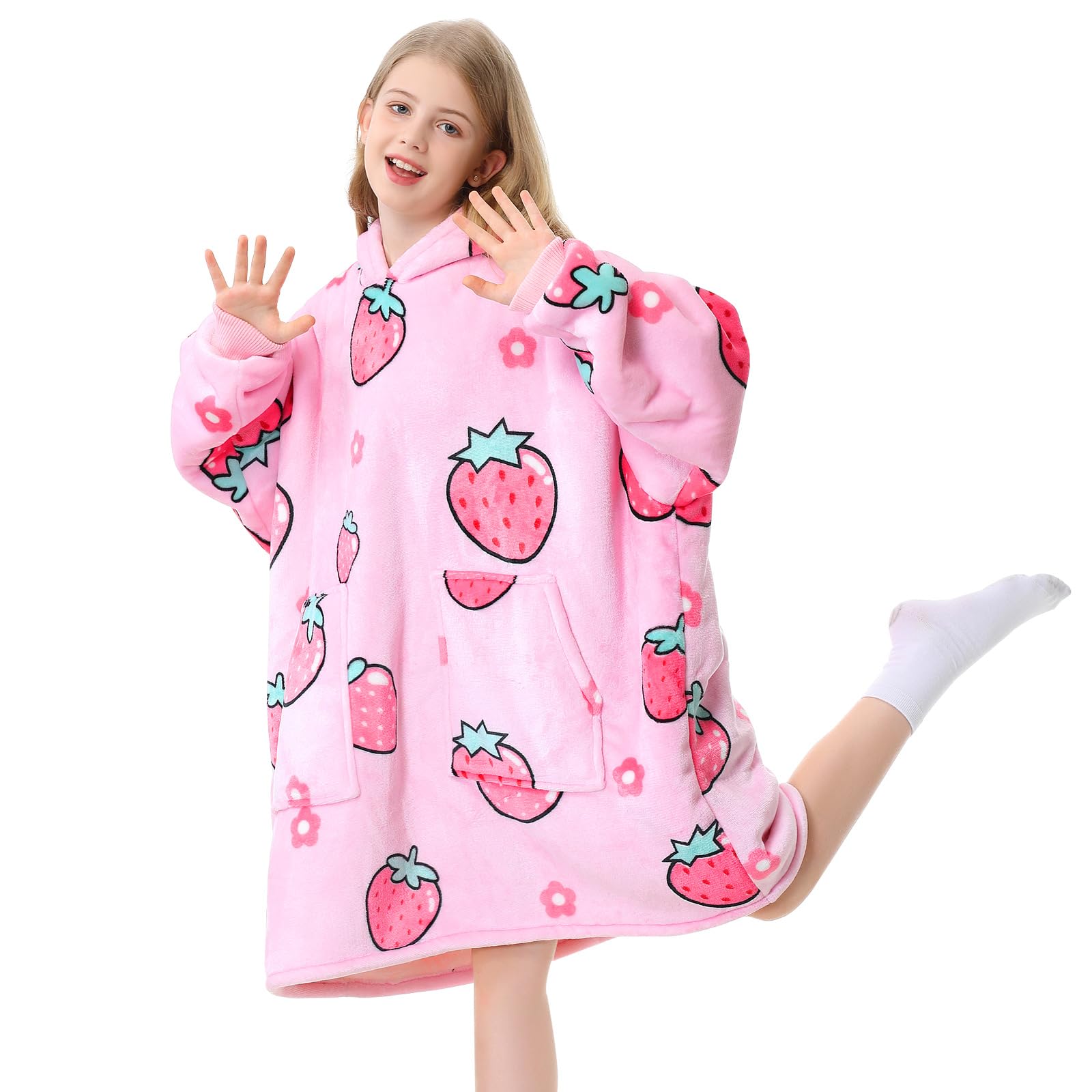 Aemicion front view pink strawberry hoodie showing cozy coverage benefit