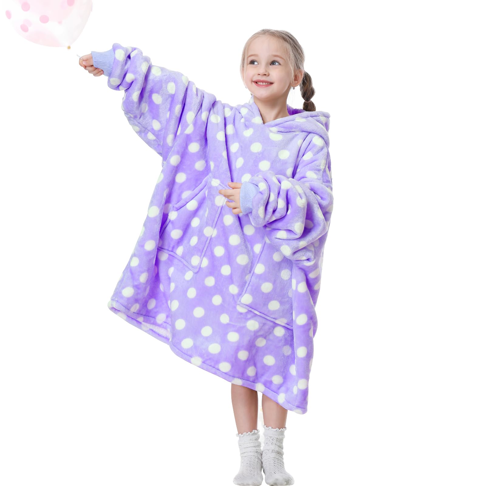 Aemicion front view hooded blanket showing lavender polka dots and cozy fit