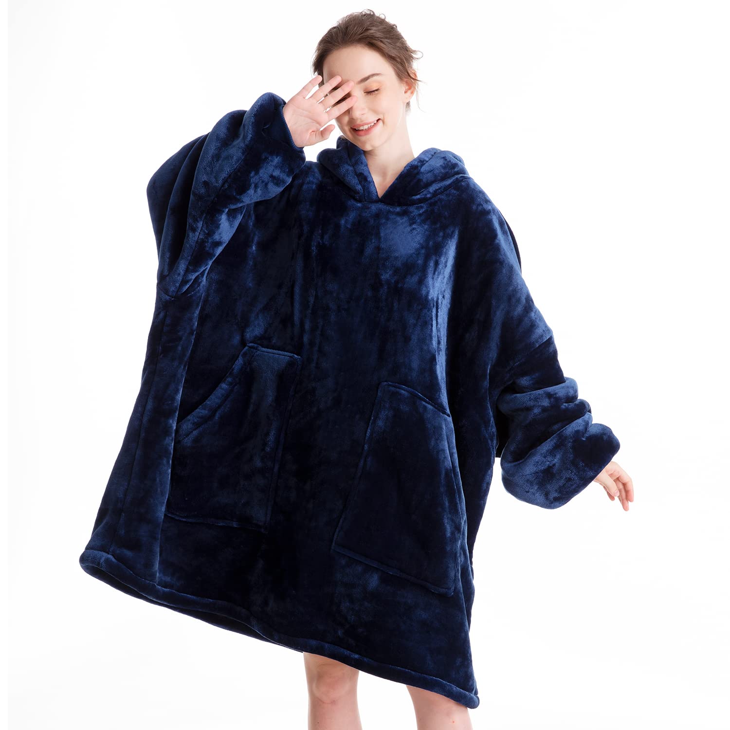 Aemicion wearable blanket front view showing oversized cozy fit and hood