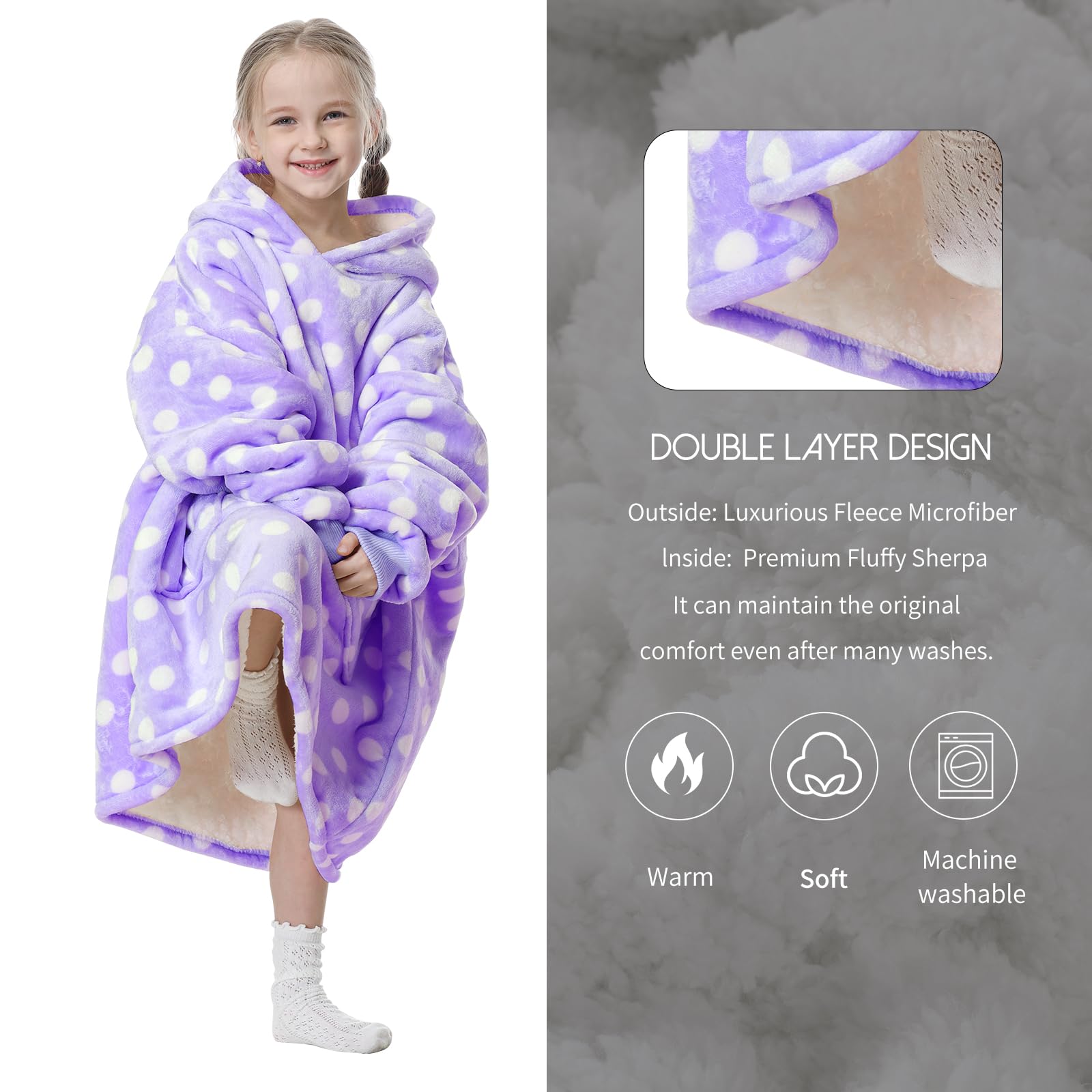 Aemicion child wearing hooded blanket in living room for hands-free warmth