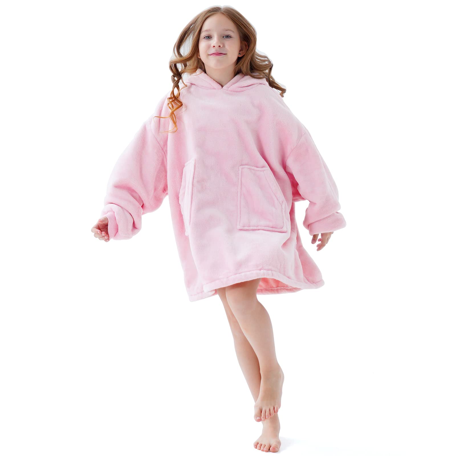 Aemicion hooded blanket front view in light pink showing oversized fit and pockets for cozy wear