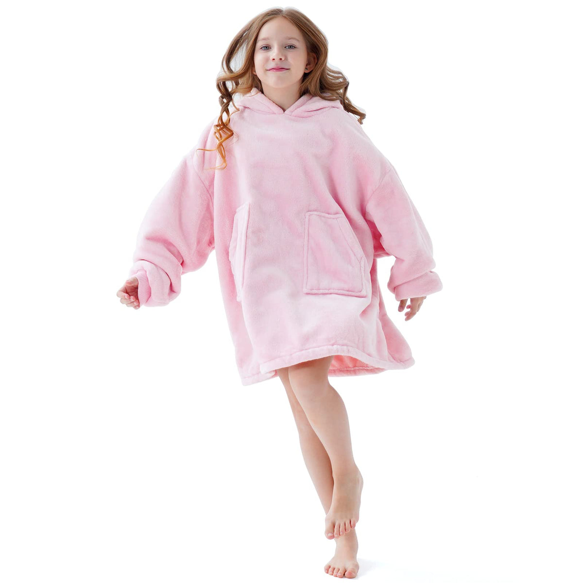 Aemicion hooded blanket front view in light pink showing oversized fit and pockets for cozy wear