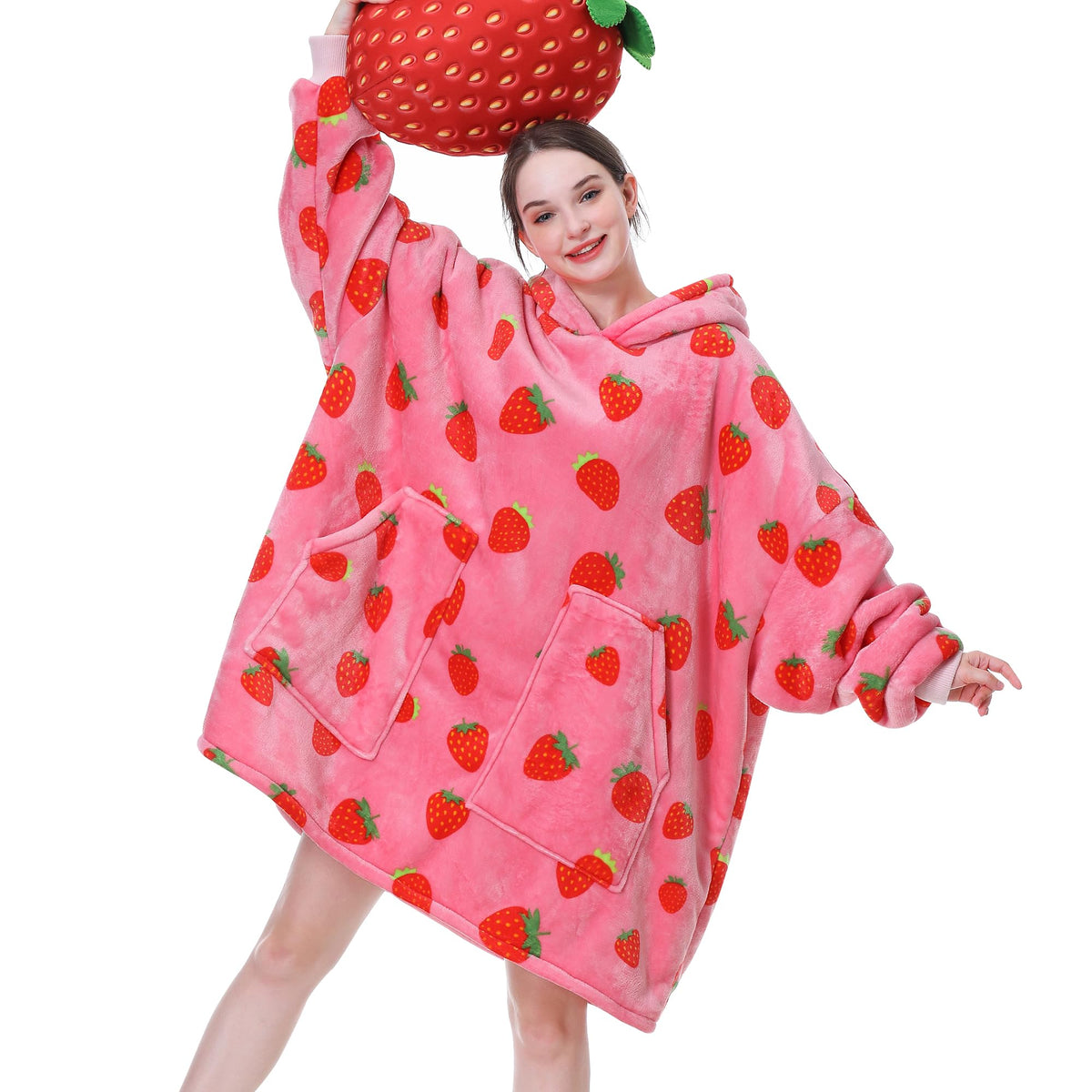 Aemicion front view of strawberry wearable blanket hoodie showing full design and fit benefits