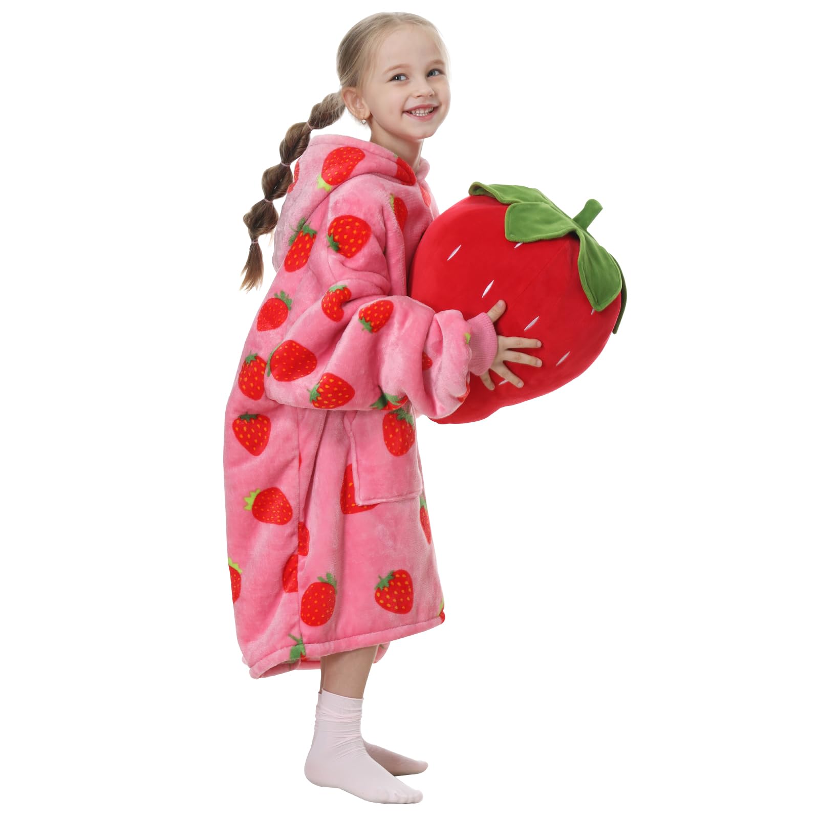 Aemicion strawberry hoodie front view showing oversized fit and hood for cozy warmth