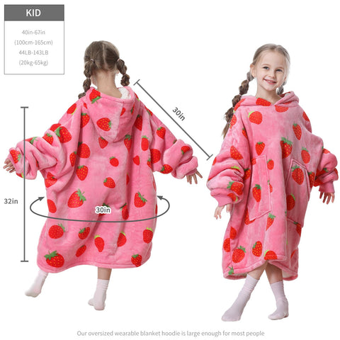 Aemicion strawberry hoodie worn by child sitting on couch demonstrating easy movement