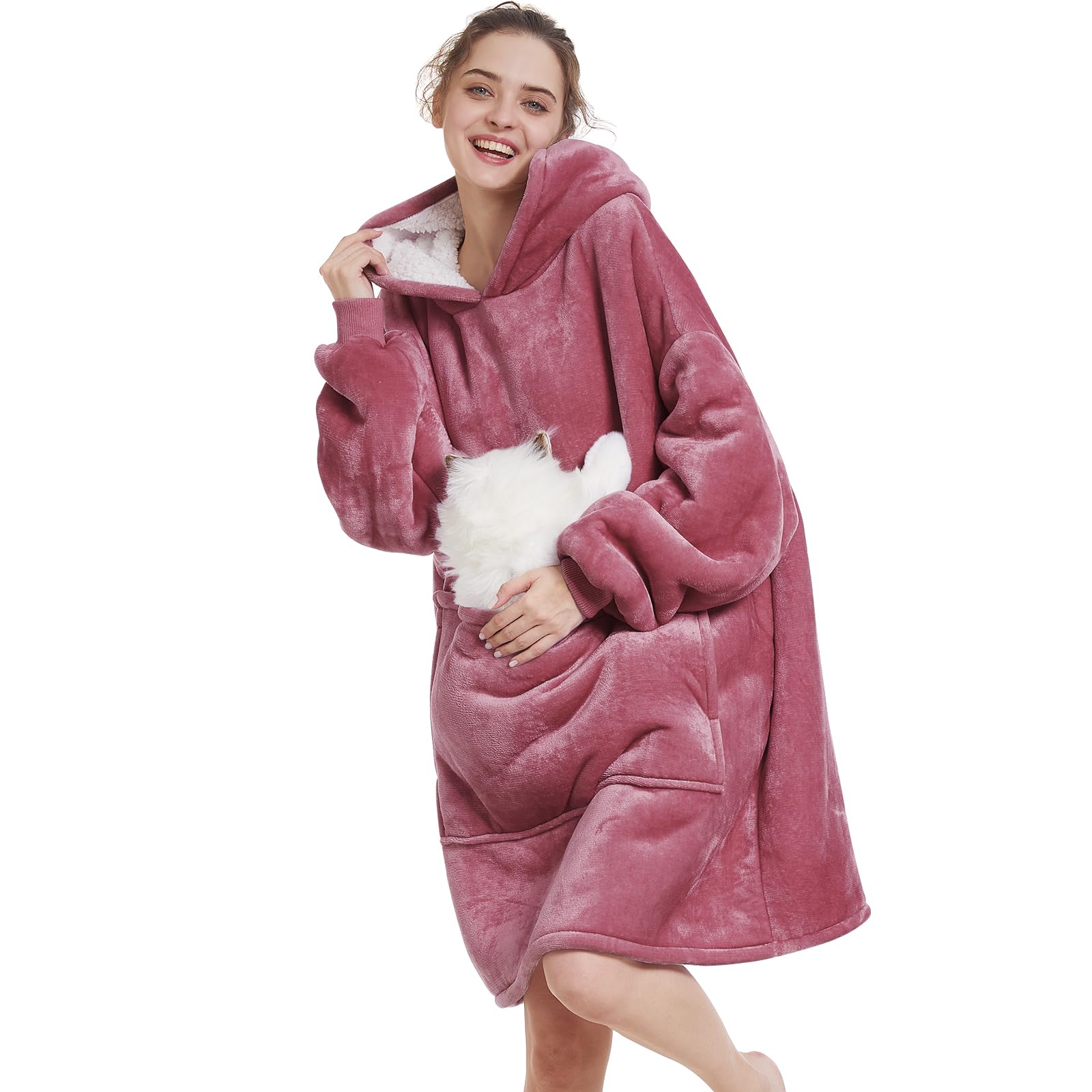 Aemilas front view coral pink wearable blanket hoodie shows roomy fit and hood benefit warmth