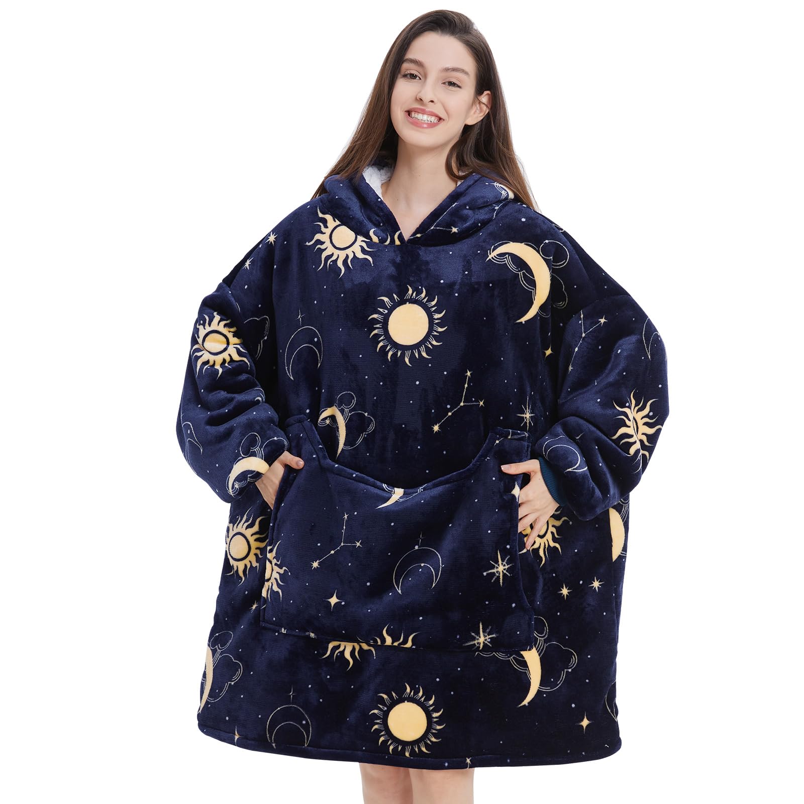 Aemilas front view of hooded blanket showing roomy fit and cozy look