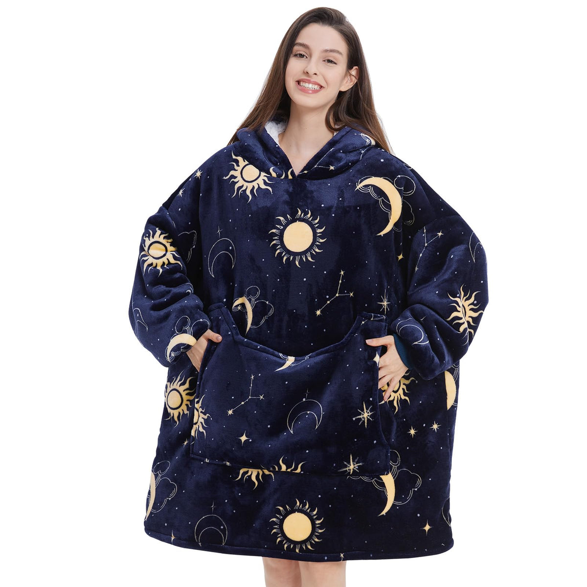 Aemilas front view of hooded blanket showing roomy fit and cozy look