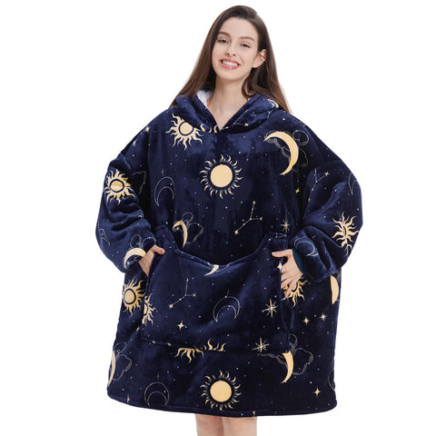 Aemilas front view of hooded blanket showing roomy fit and cozy look