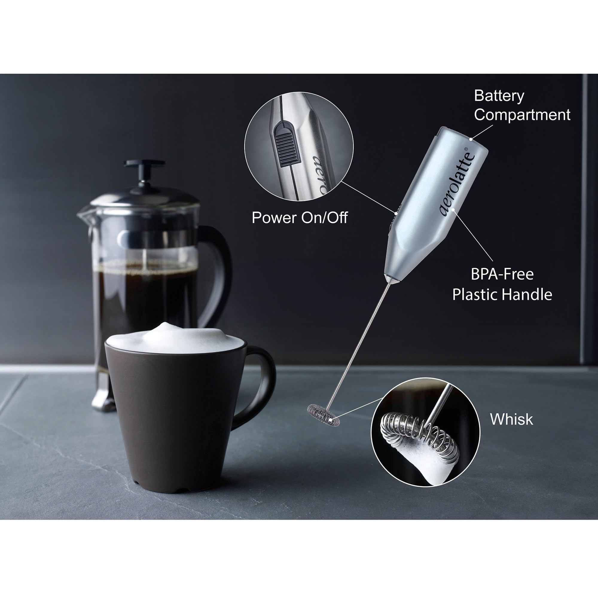 aerolatte stainless whisk close-up highlighting 18/8 steel durability and fine foam
