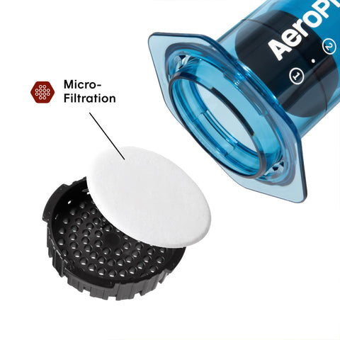 AeroPress clear blue filter cap detail showing secure micro-filtration for clean cups