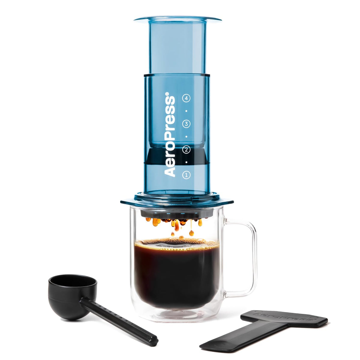 AeroPress clear blue front view showing compact durable brewer for travel