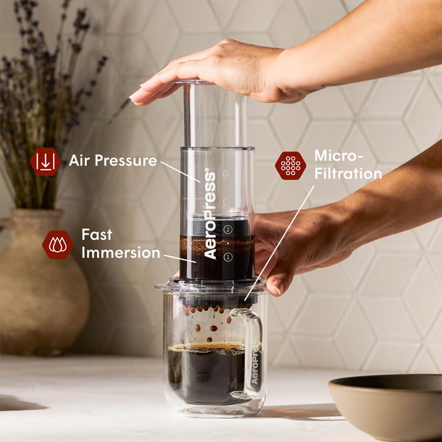 AeroPress Clear close-up of micro-filter and seal highlighting fine filtration and smooth taste