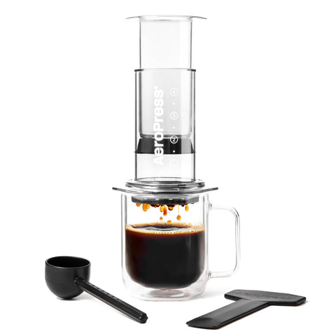 AeroPress Clear front view showing the full brewer and clear Tritan for visibility and durability