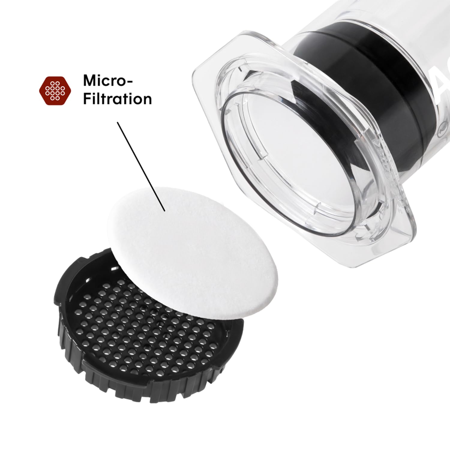 AeroPress Clear XL micro-filter close-up highlighting grit-free extraction and clean taste