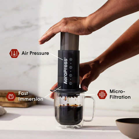 AeroPress close-up of filter cap highlighting secure micro-filtration benefit