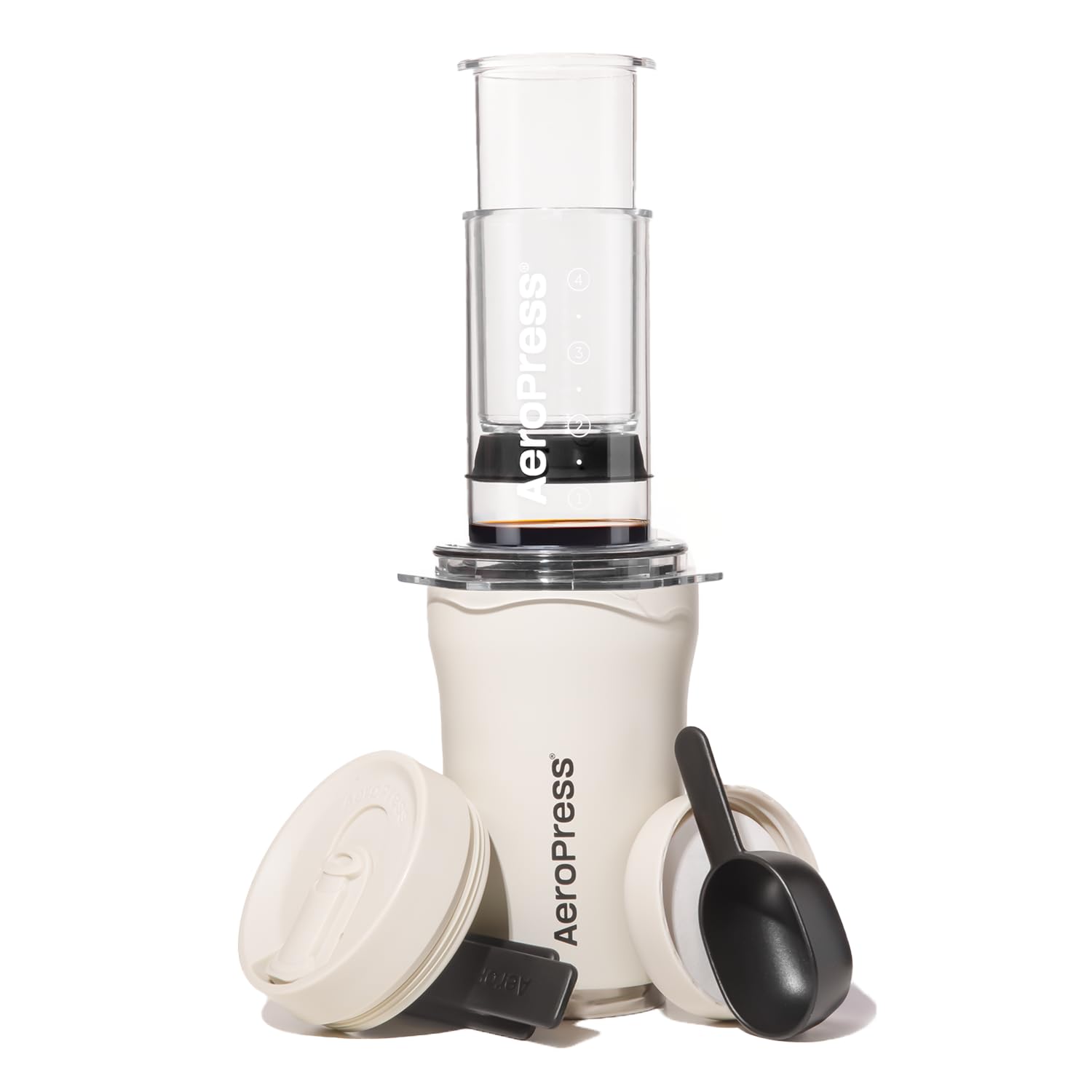 AeroPress Go Plus front assembly showing compact kit and travel-ready design benefit