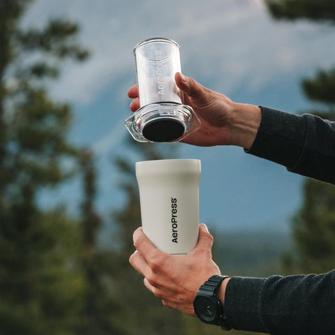 AeroPress Go Plus packed into tumbler demonstrating compact storage and transport benefit