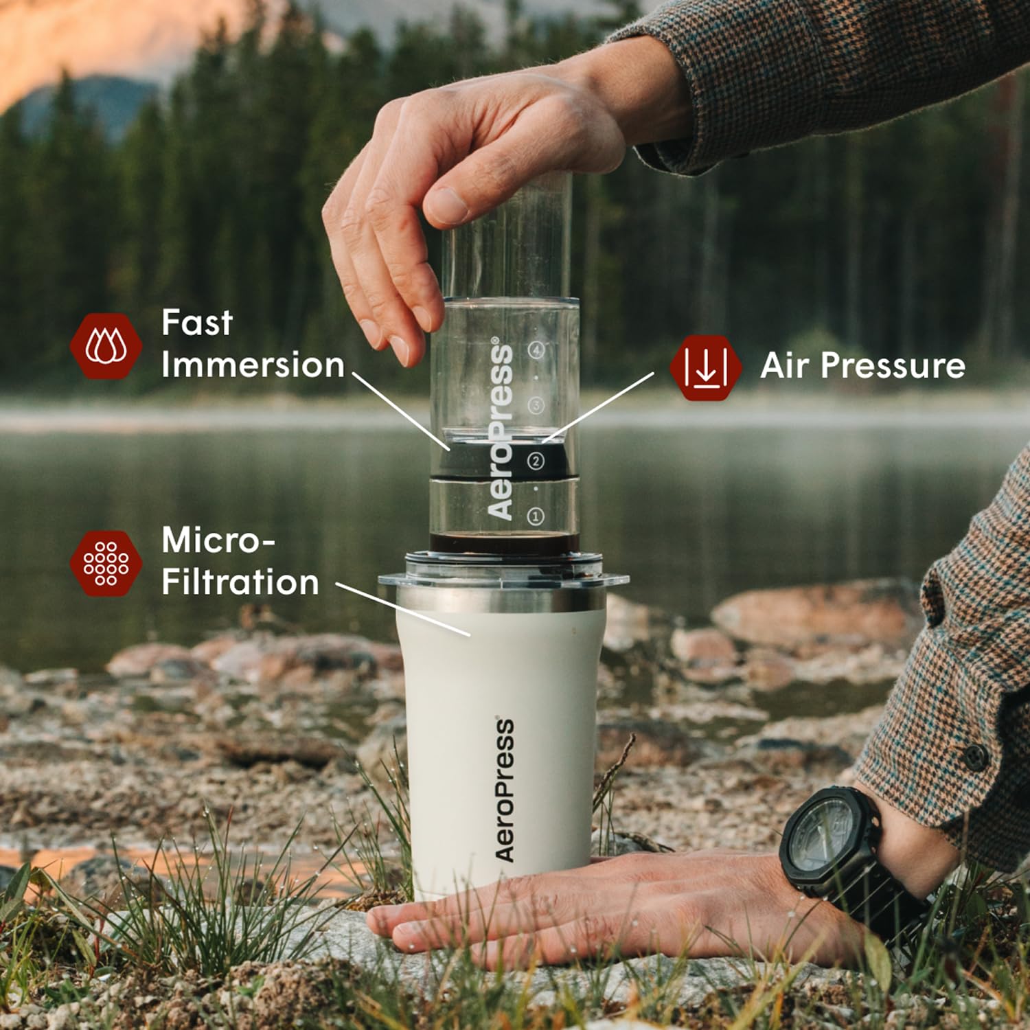 AeroPress Go Plus 16 oz stainless tumbler with magnetic lid keeping components secure benefit