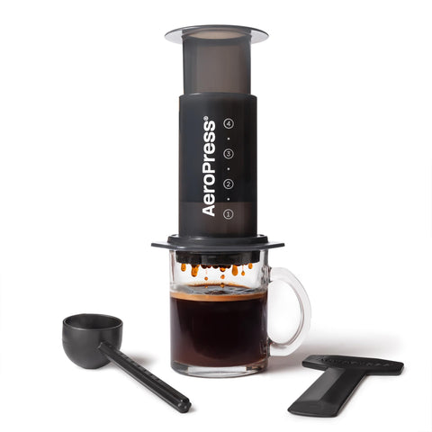 AeroPress front view showing compact brewer and clear design for easy travel