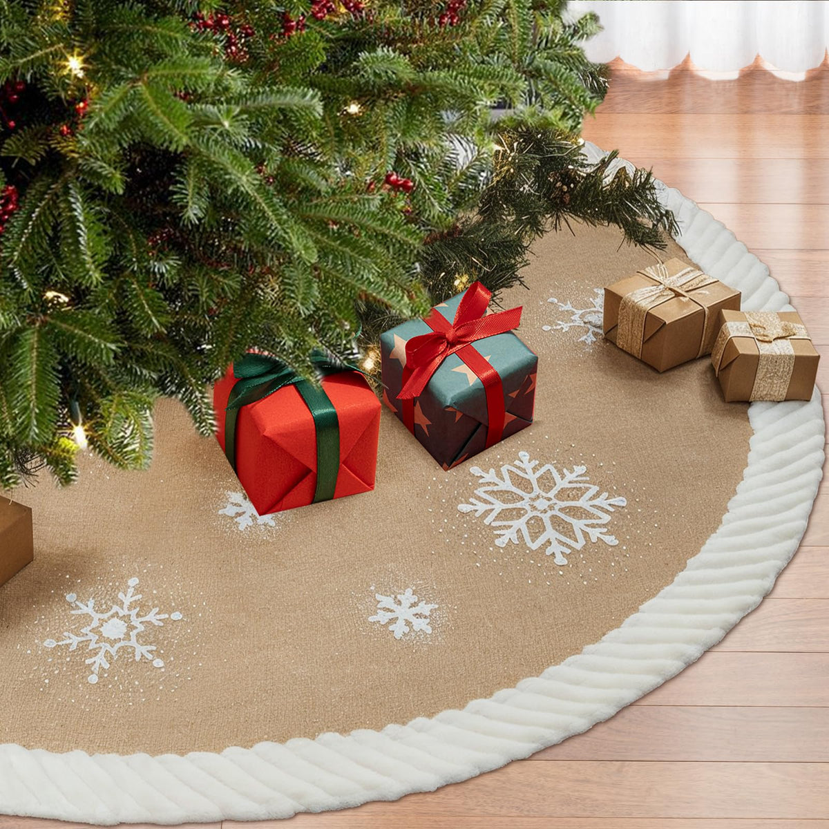 AerWo front view of tree skirt showing full snowflake design and coverage