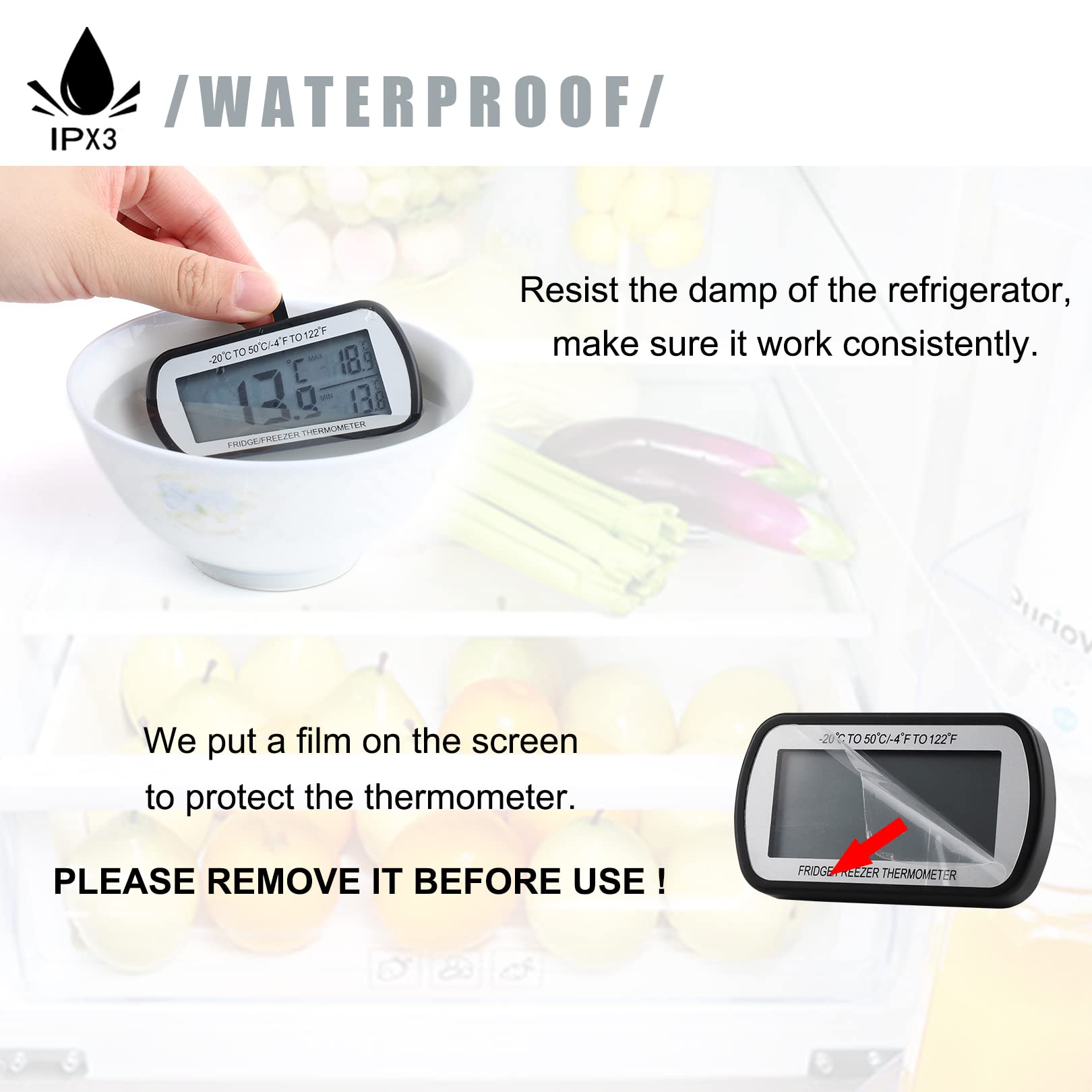 AEVETE thermometer inside freezer illustrating IPX3 splash-resistant protection