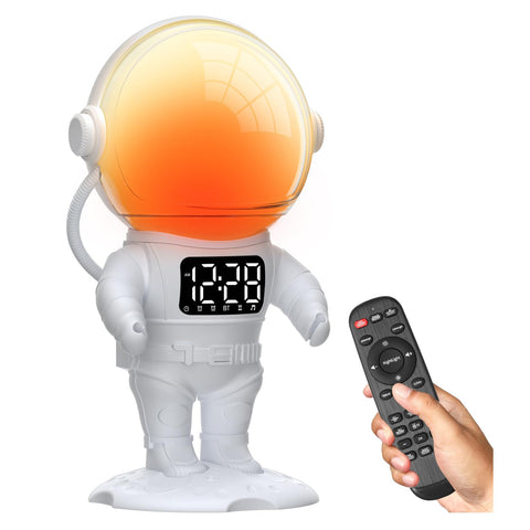 AFEXOA astronaut clock front view showing display and benefits
