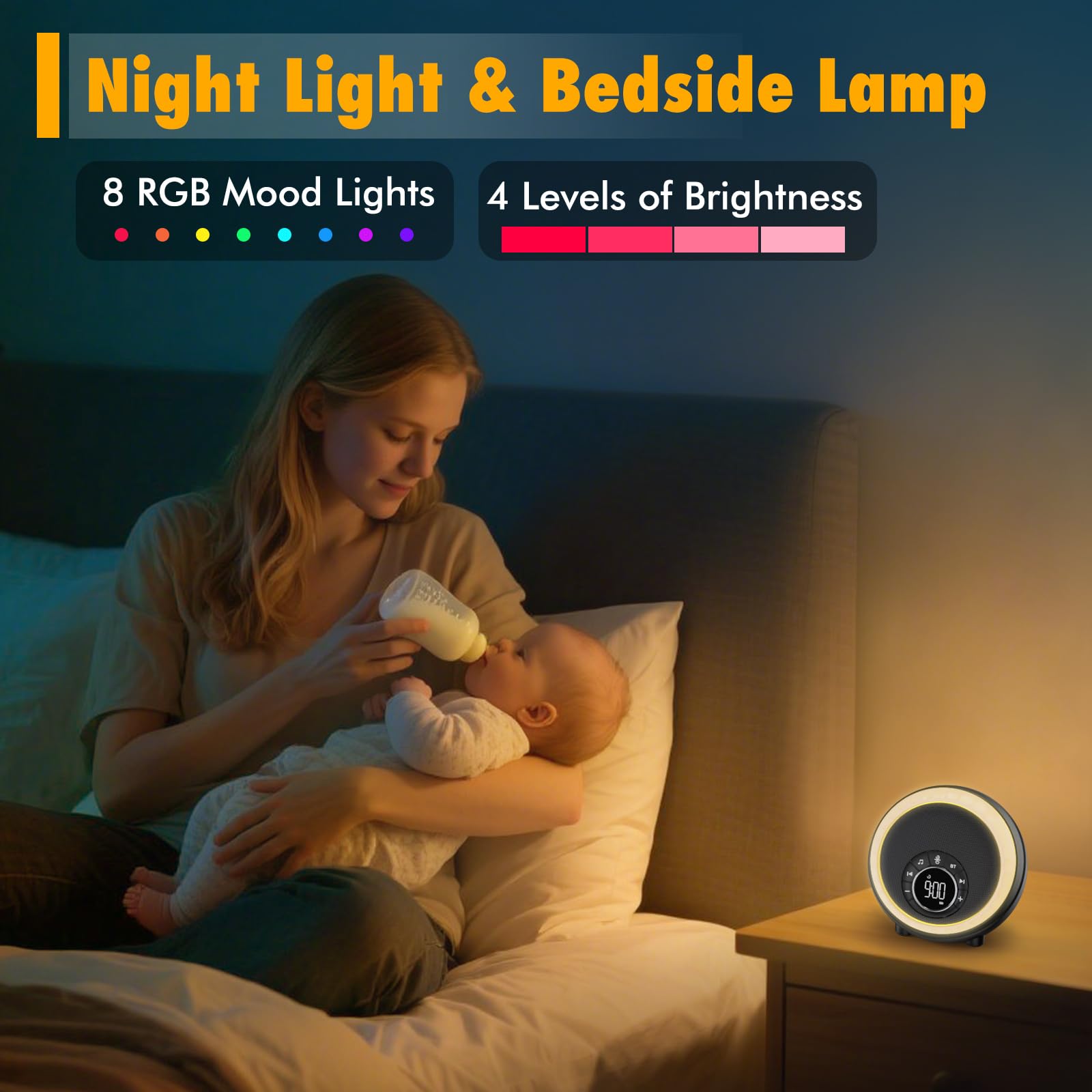 AFEXOA on a bedroom nightstand in use providing soothing sounds and lamp comfort