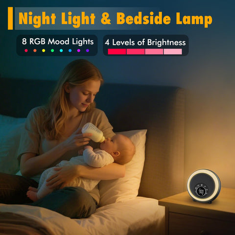 AFEXOA on a bedroom nightstand in use providing soothing sounds and lamp comfort