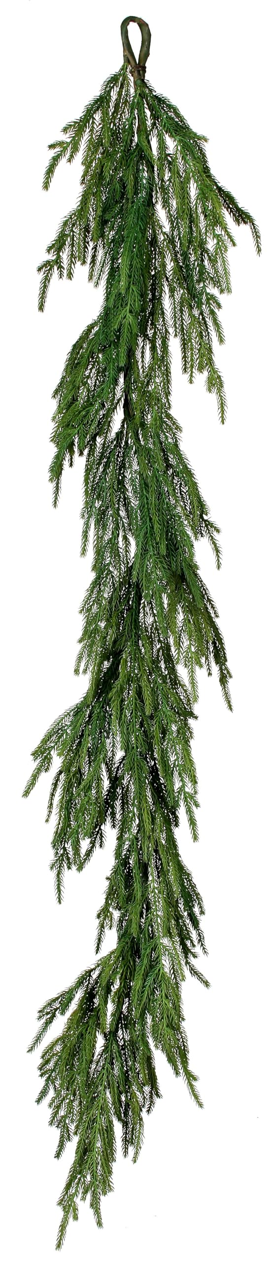 Afloral Norfolk Pine Garland front view styled on mantel, realistic look and easy decor
