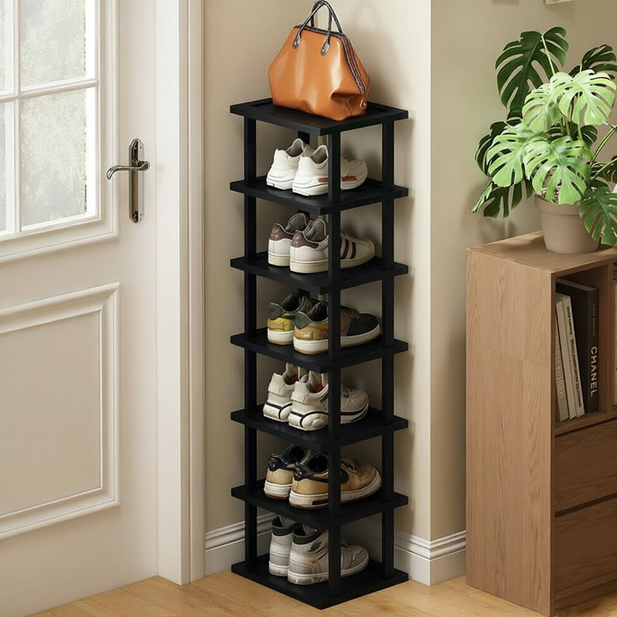AFOORD front view of tall bamboo shoe rack showing vertical organization benefit