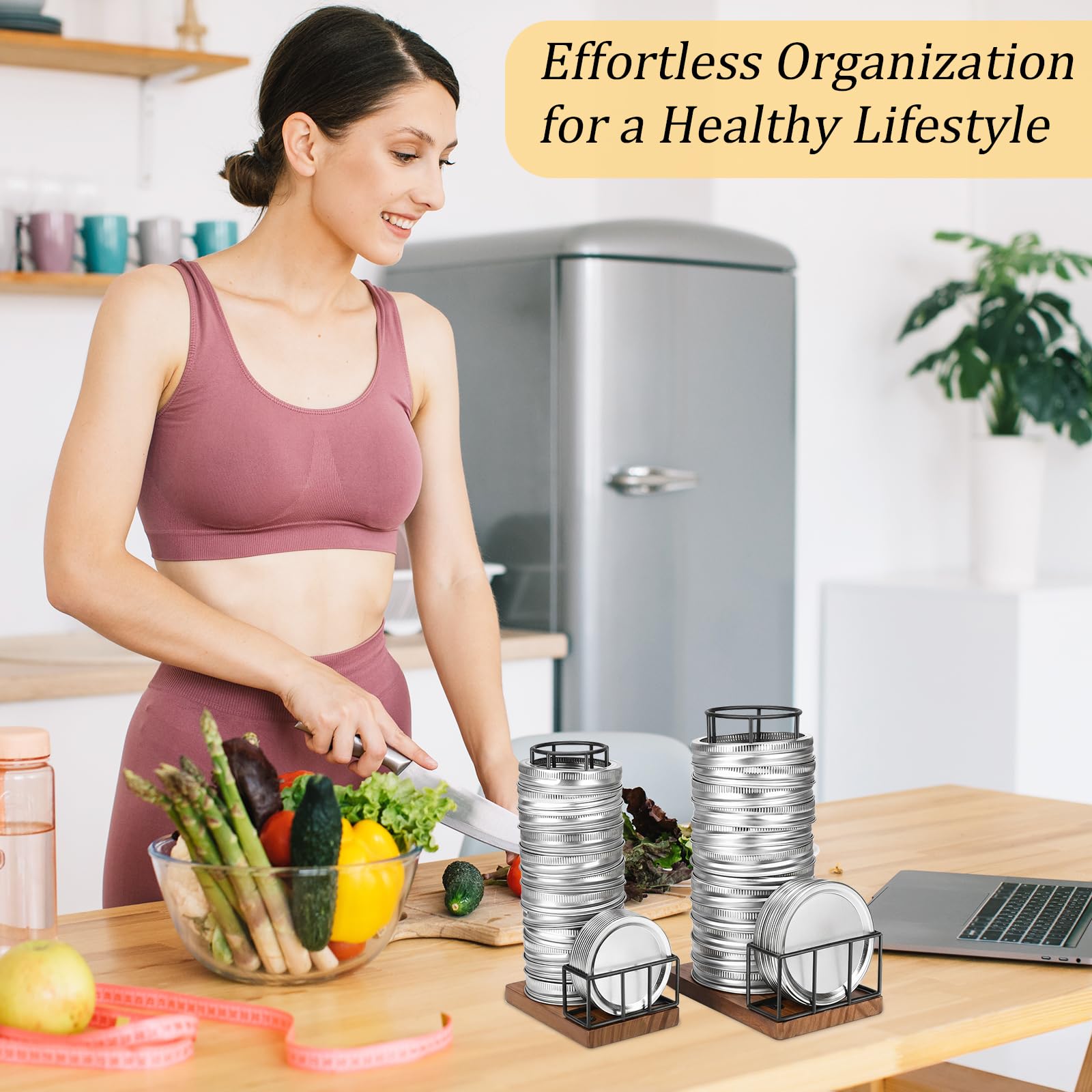 AFOROEOA lids and rings organized on counter for easy grabbing