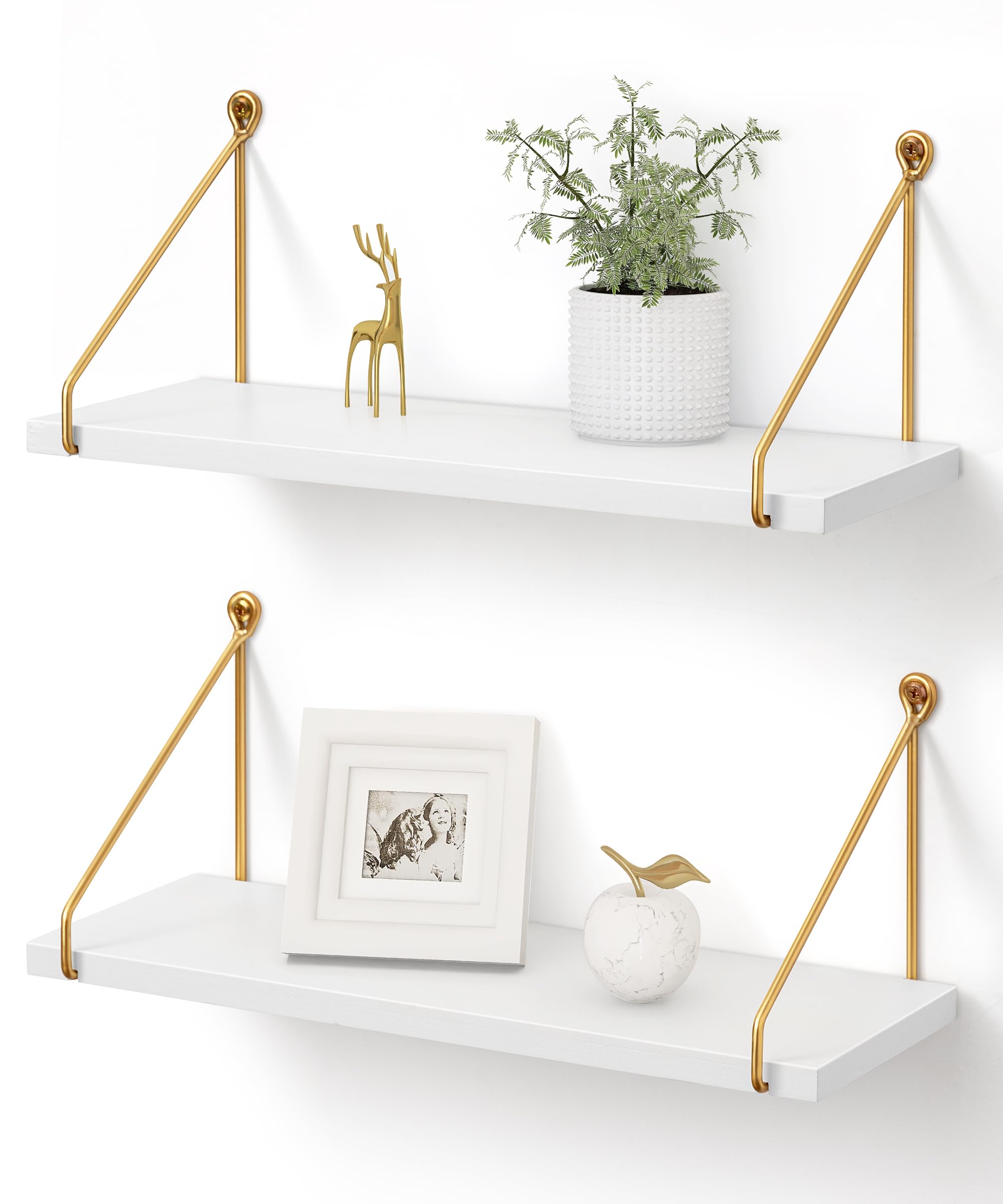 Afuly front view of white shelf with gold brackets showing clean modern styling and stable storage
