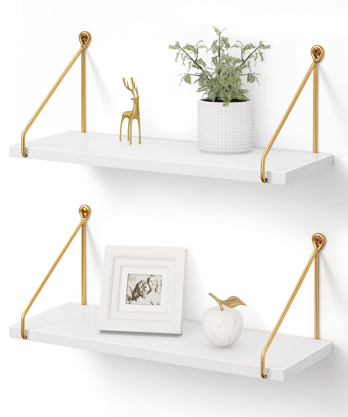 Afuly front view of white shelf with gold brackets showing clean modern styling and stable storage