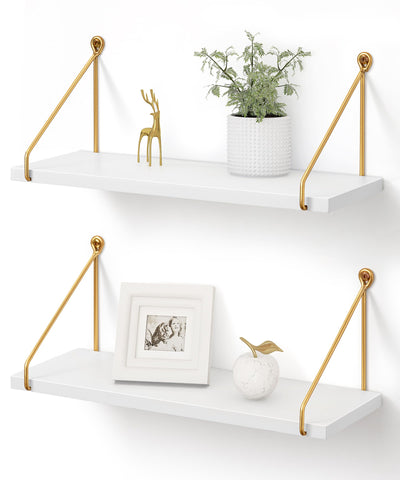 Afuly front view of white shelf with gold brackets showing clean modern styling and stable storage