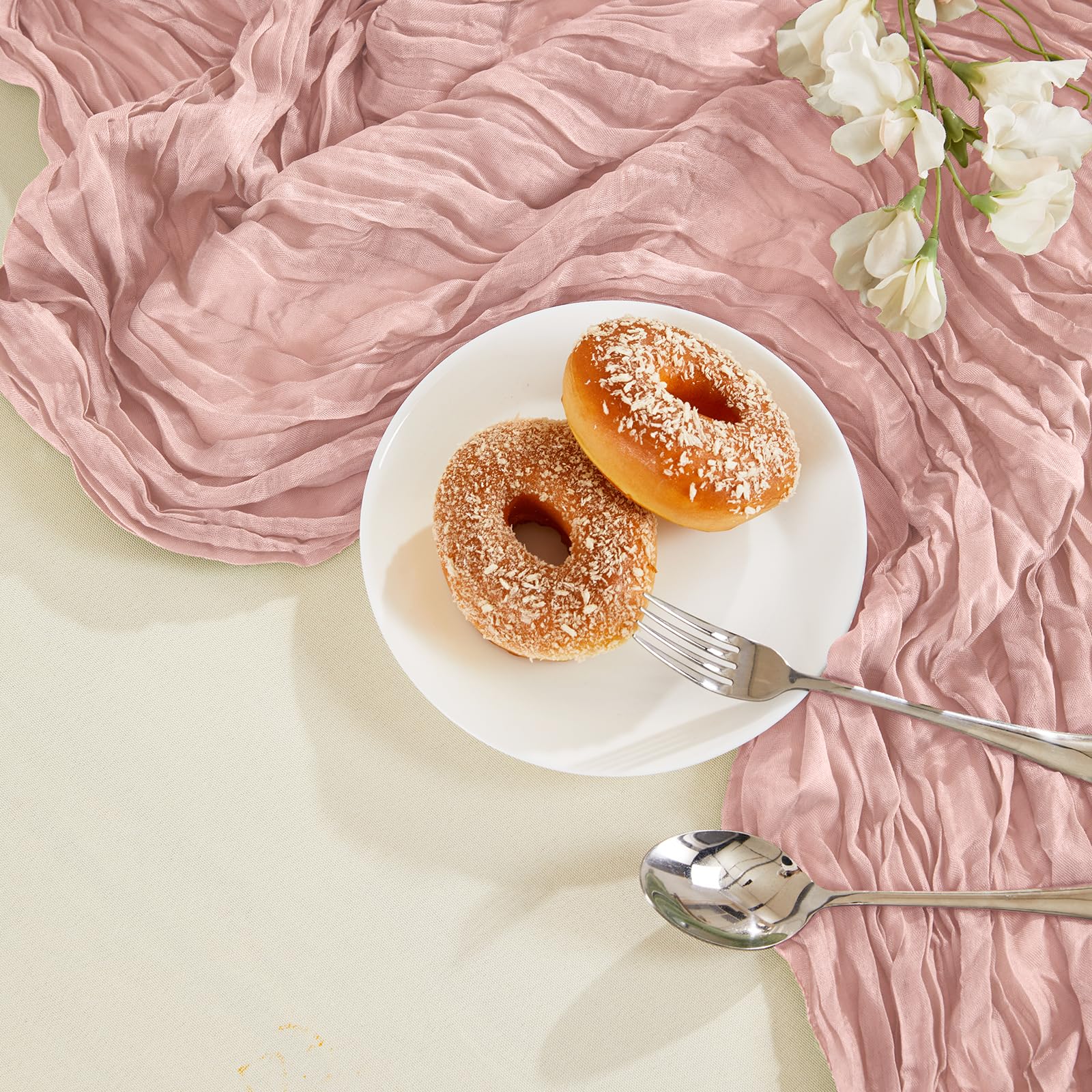 AGIRL dusty pink runner laid across banquet table demonstrating full 35×120 inch length