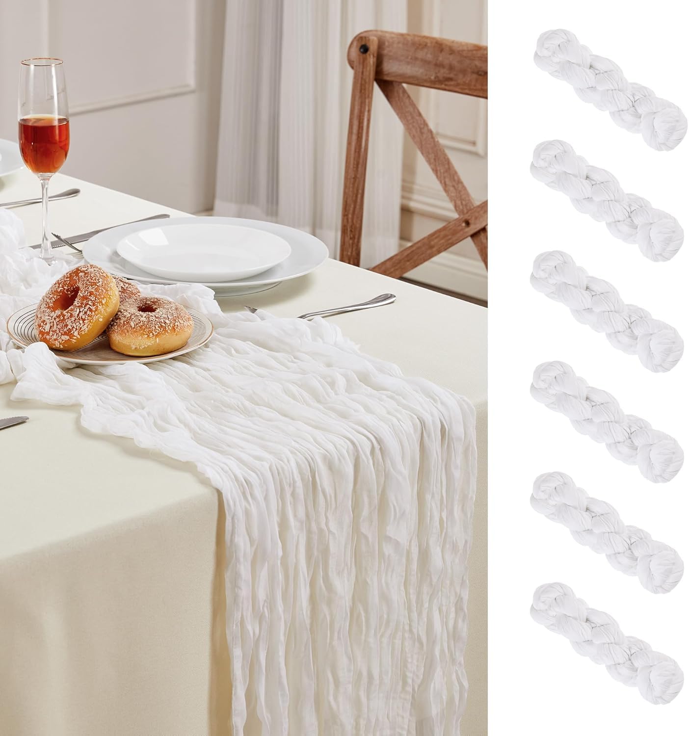AGIRL front view of six white cheesecloth runners showing full set for event styling