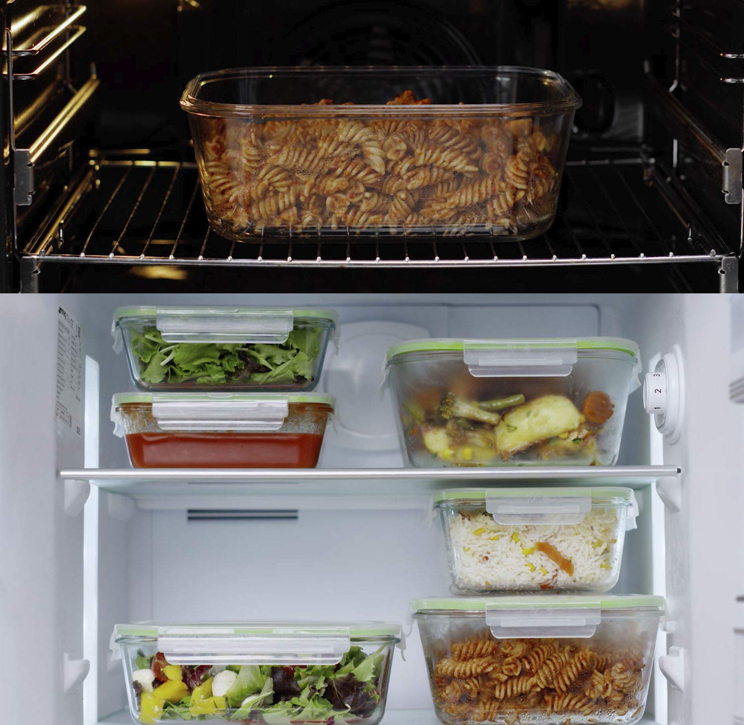AGTRADE glass dish inside oven indicating oven-safe glass for reheating