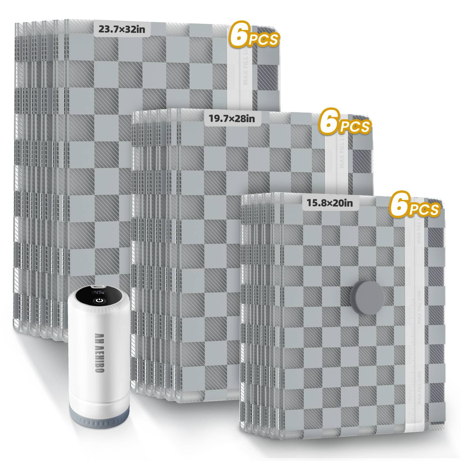 AH AEHIBO front package showing 18-piece kit and pump, clear organization benefit