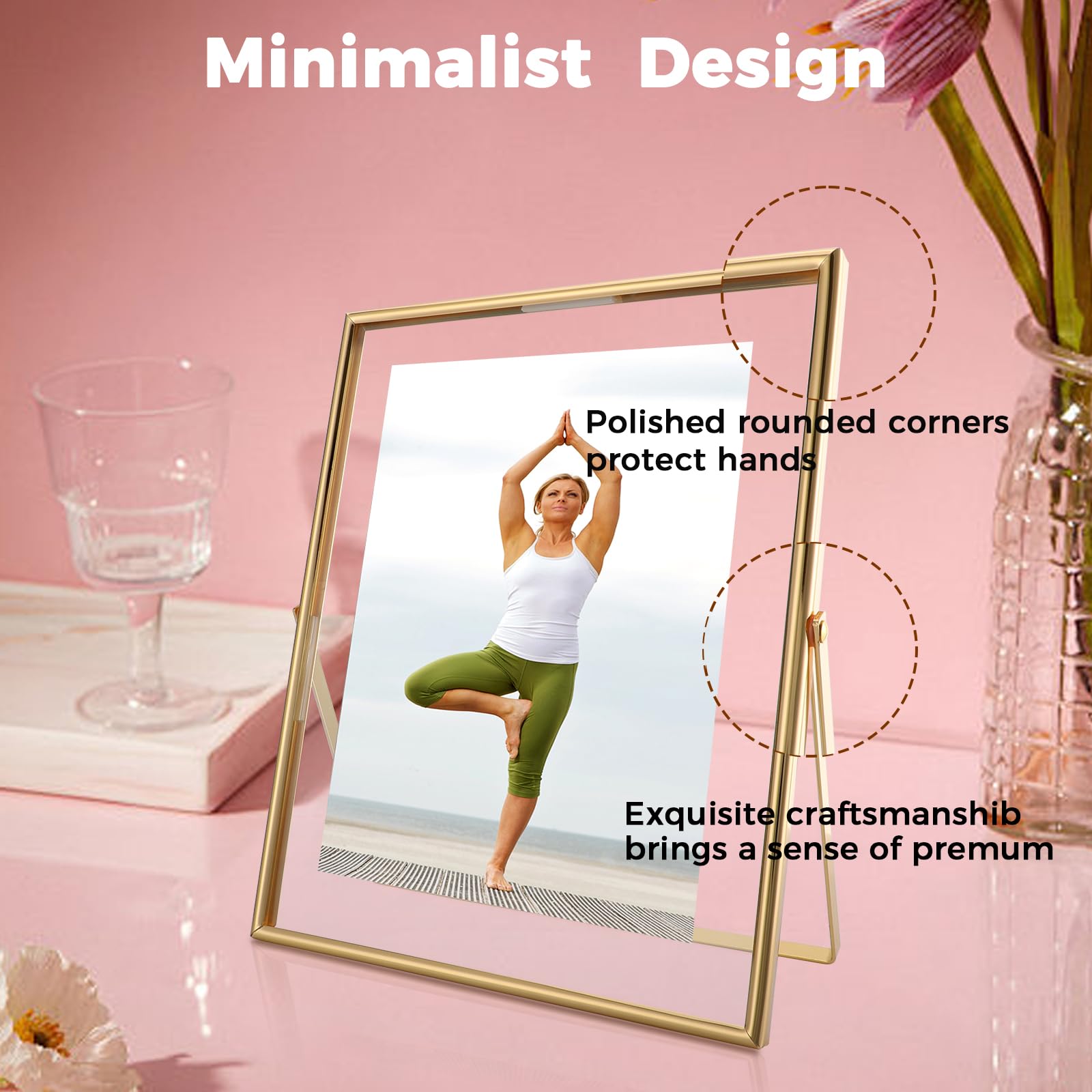 AhaGo gold frame closeup of glass edge revealing transparent floating effect